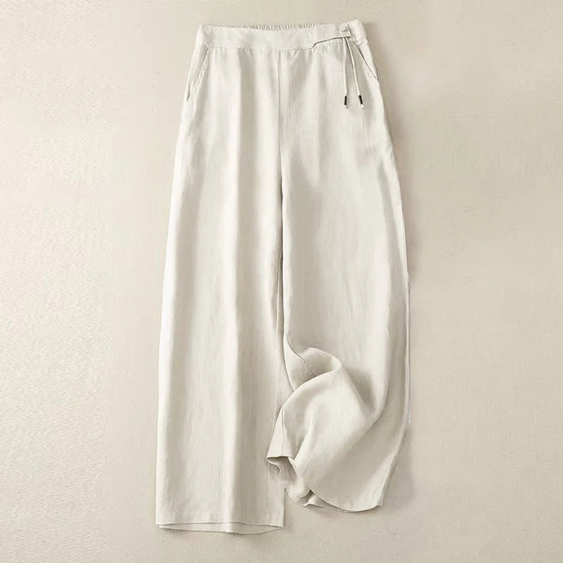 Pantalon Décontracté pour Femme à Jambe Large en Coton Uni avec Poches et Fermeture à un Bouton