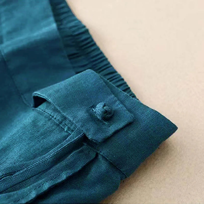 Pantalon Décontracté pour Femme à Jambe Large en Coton Uni avec Poches et Fermeture à un Bouton