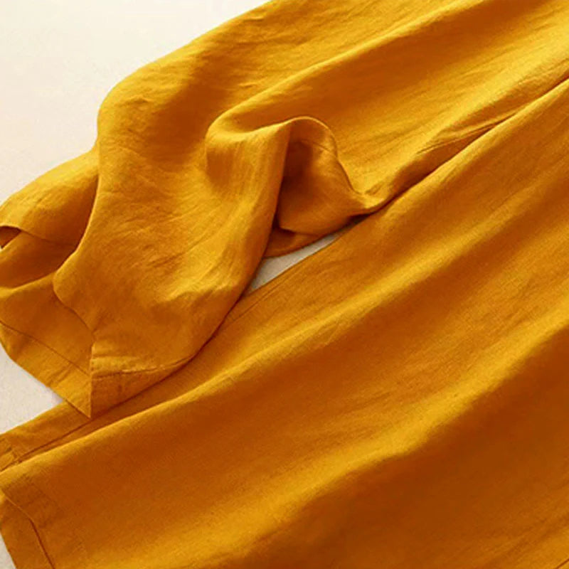 Pantalon Décontracté pour Femme à Jambe Large en Coton Uni avec Poches et Fermeture à un Bouton