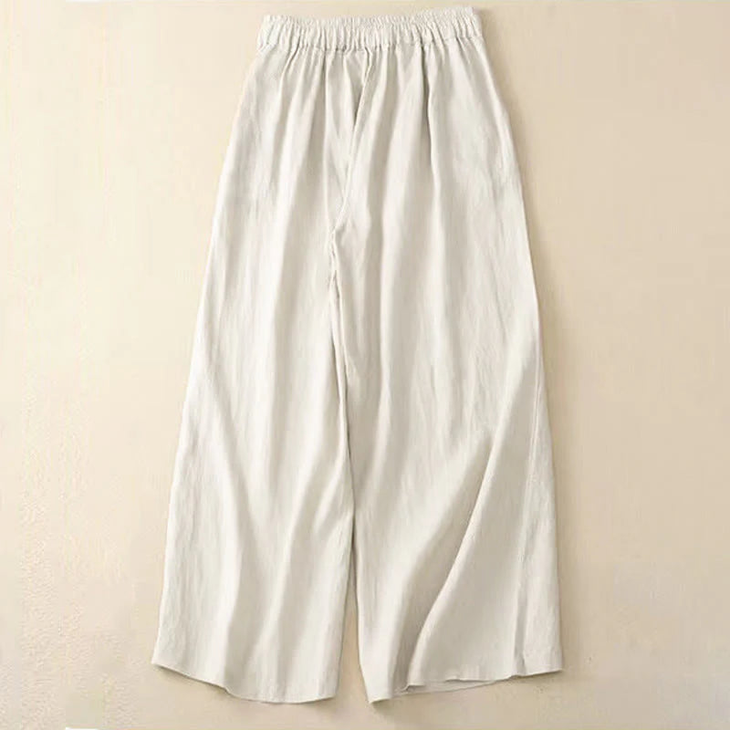 Pantalon Décontracté pour Femme à Jambe Large en Coton Uni avec Poches et Fermeture à un Bouton