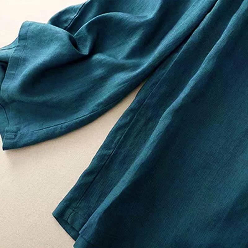 Pantalon Décontracté pour Femme à Jambe Large en Coton Uni avec Poches et Fermeture à un Bouton