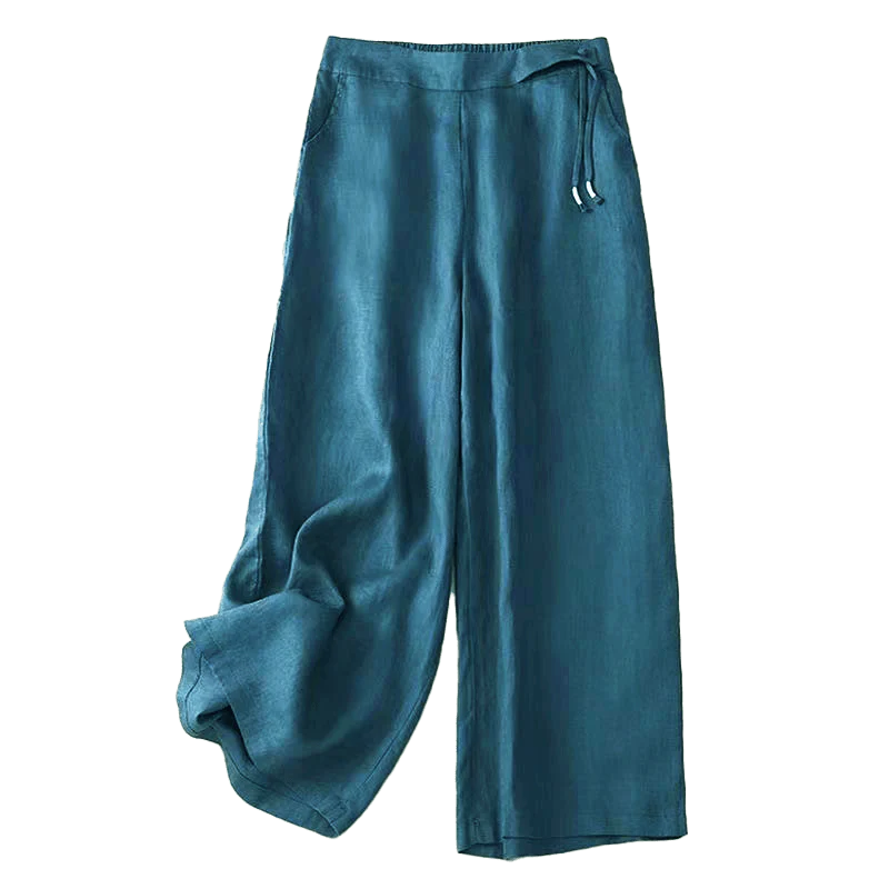 Pantalon Décontracté pour Femme à Jambe Large en Coton Uni avec Poches et Fermeture à un Bouton