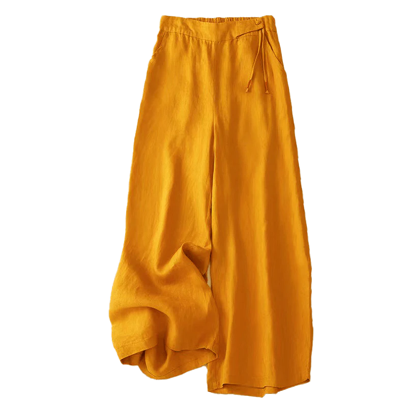 Pantalon Décontracté pour Femme à Jambe Large en Coton Uni avec Poches et Fermeture à un Bouton