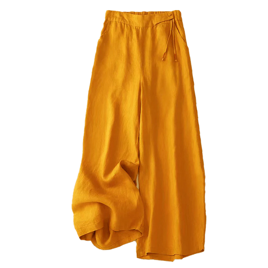 Pantalon Décontracté pour Femme à Jambe Large en Coton Uni avec Poches et Fermeture à un Bouton