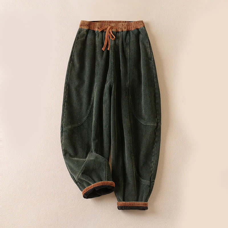 Pantalon Sarouel pour Femme en Coton Côtelé à Contraste de Couleurs, Doublé Polaire Thermique, avec Poches