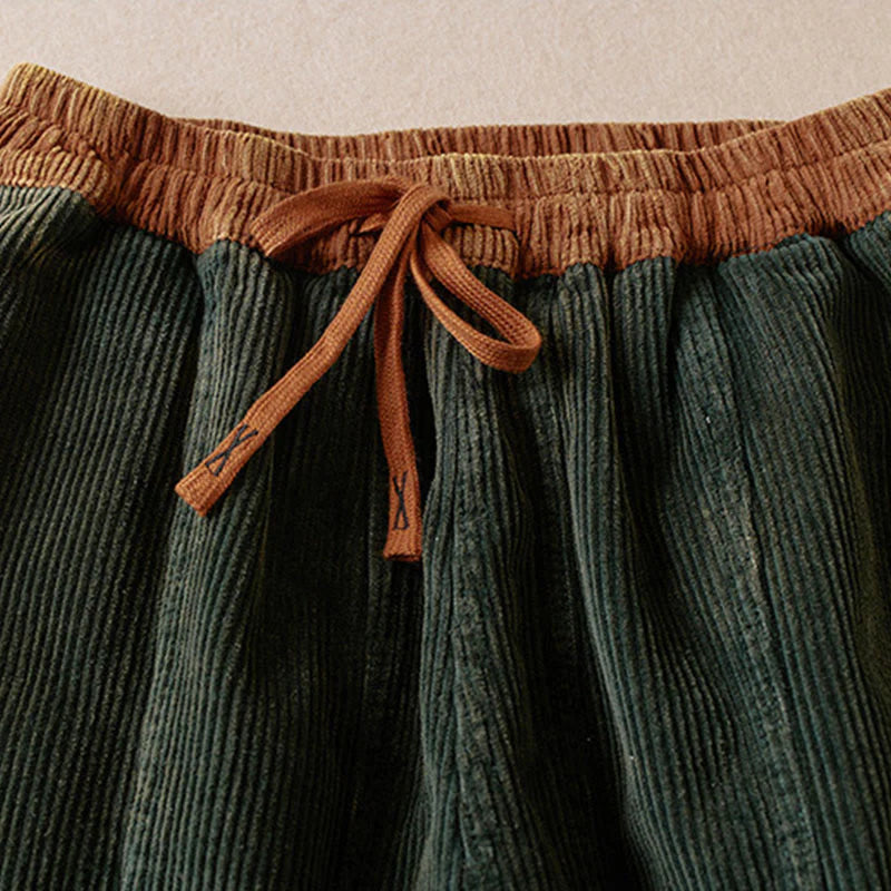 Pantalon Sarouel pour Femme en Coton Côtelé à Contraste de Couleurs, Doublé Polaire Thermique, avec Poches