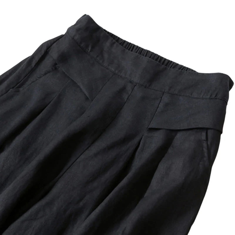 Pantalon à Jambe Large Taille Haute pour Femme en Coton et Lin Uni avec Poches
