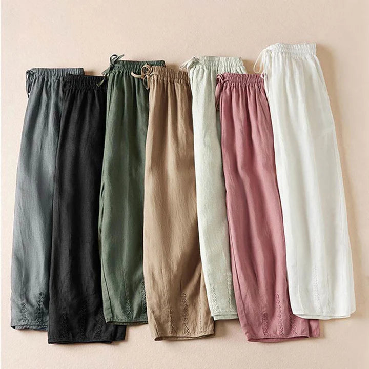 Pantalon Sarouel d’Été pour Femme Brodé de Petites Fleurs avec Poches