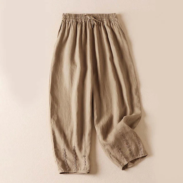Pantalon Sarouel d’Été pour Femme Brodé de Petites Fleurs avec Poches