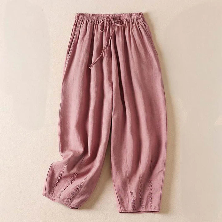 Pantalon Sarouel d’Été pour Femme Brodé de Petites Fleurs avec Poches