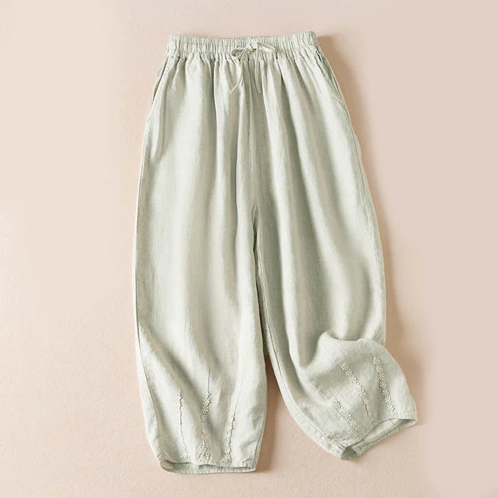 Pantalon Sarouel d’Été pour Femme Brodé de Petites Fleurs avec Poches