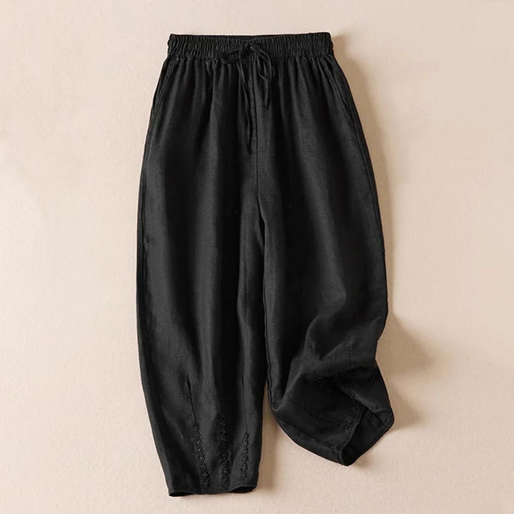 Pantalon Sarouel d’Été pour Femme Brodé de Petites Fleurs avec Poches