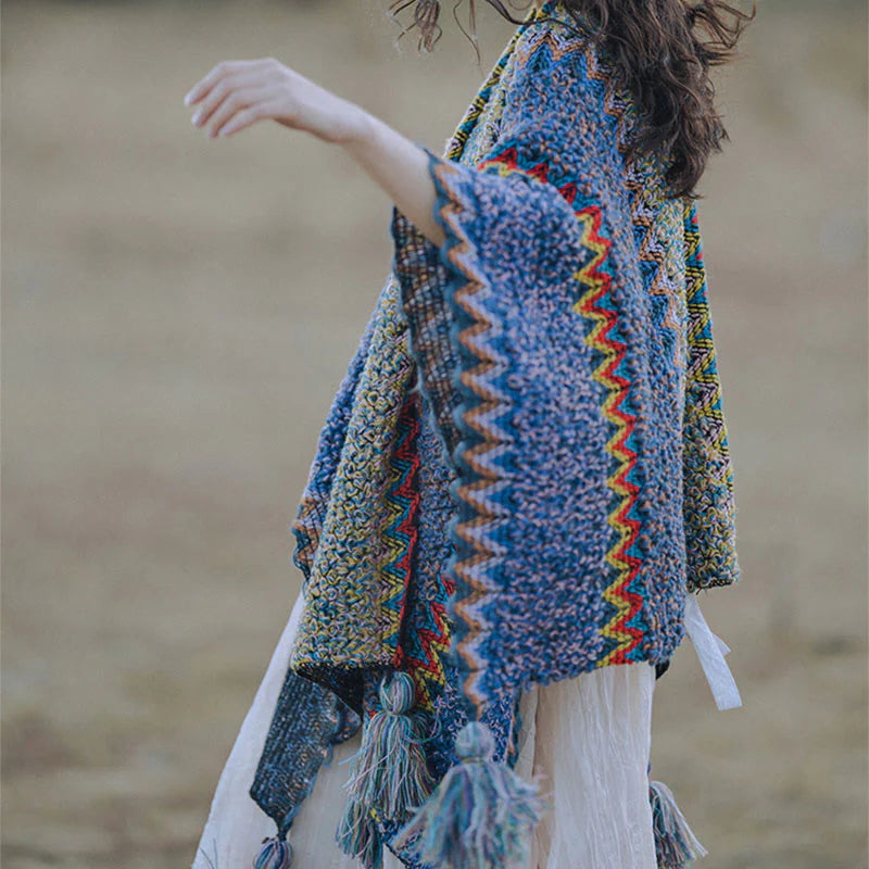 Châle Tibétain Tricoté Doux et Chaud avec Franges – Écharpe Manteau d’Hiver