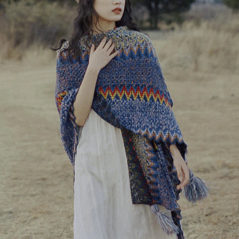 Châle Tibétain Tricoté Doux et Chaud avec Franges – Écharpe Manteau d’Hiver