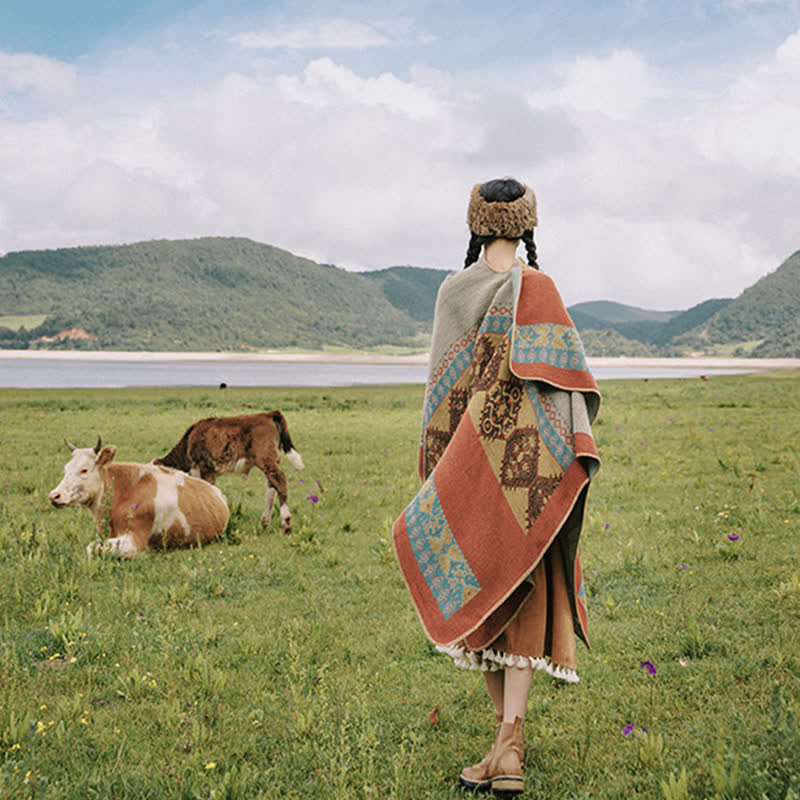 Châle Tibétain à Motif de Losanges – Écharpe Manteau Chaude d’Hiver
