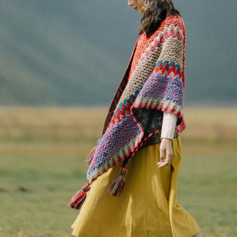 Châle Tibétain Tricoté Chaud avec Franges – Écharpe Châle Tibétaine