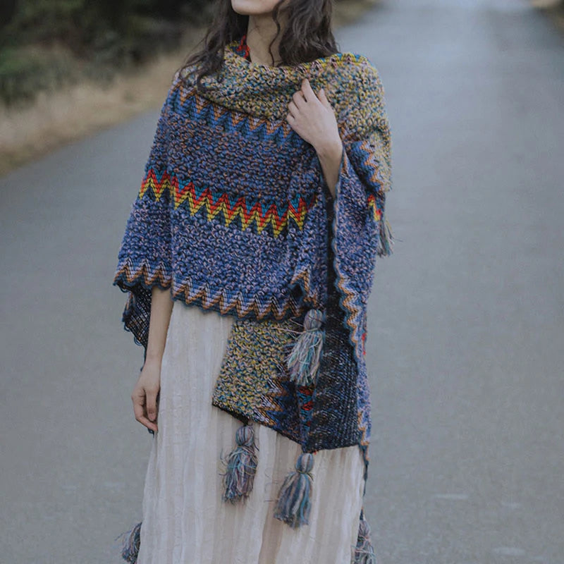 Châle Tibétain Tricoté Doux et Chaud avec Franges – Écharpe Manteau d’Hiver