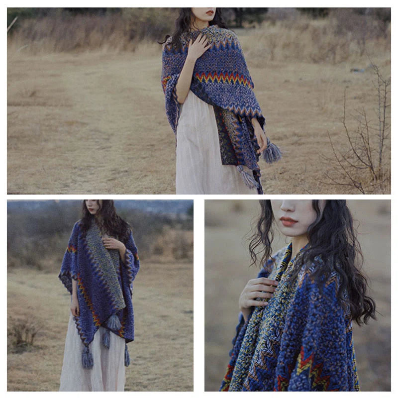 Châle Tibétain Tricoté Doux et Chaud avec Franges – Écharpe Manteau d’Hiver