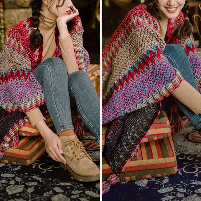 Châle Tibétain Tricoté Chaud avec Franges – Écharpe Châle Tibétaine