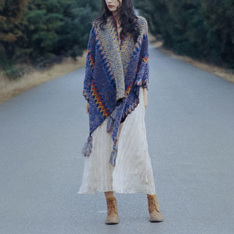 Châle Tibétain Tricoté Doux et Chaud avec Franges – Écharpe Manteau d’Hiver