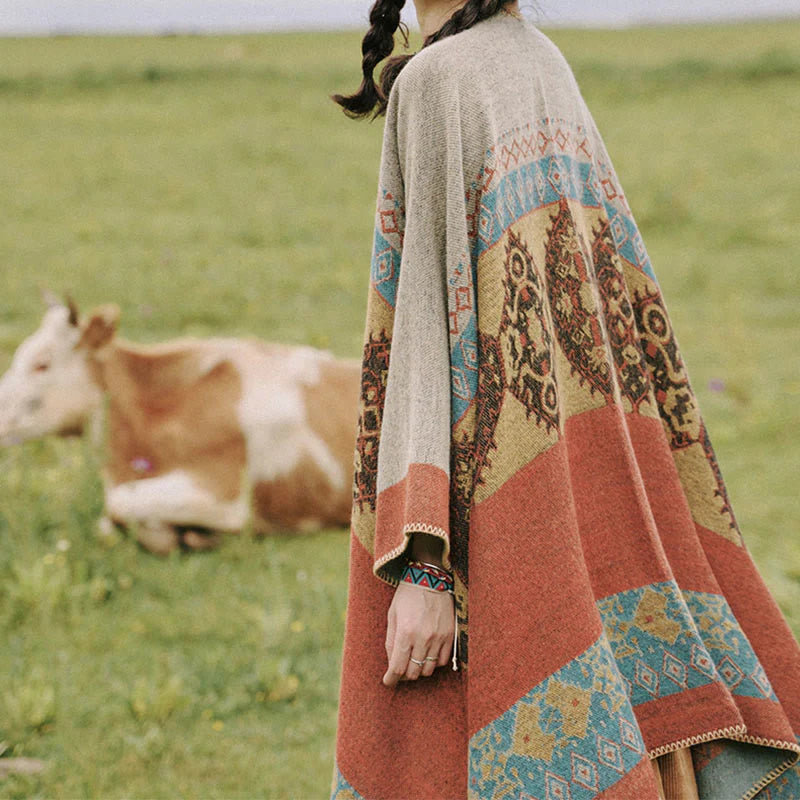 Châle Tibétain à Motif de Losanges – Écharpe Manteau Chaude d’Hiver