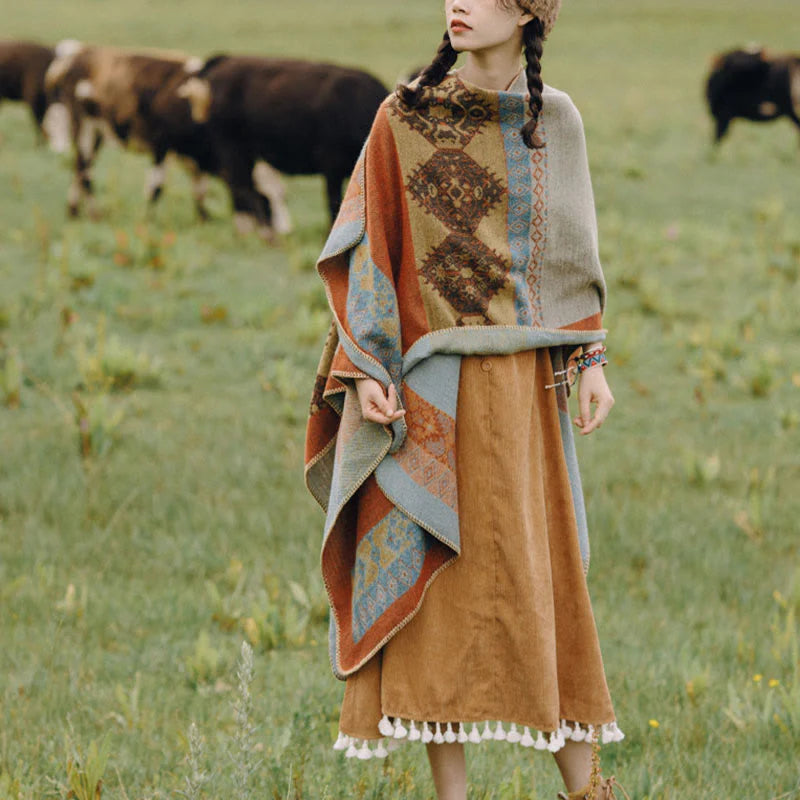 Châle Tibétain à Motif de Losanges – Écharpe Manteau Chaude d’Hiver