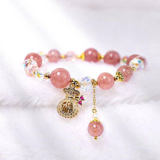 Bracelet Positif en Quartz Fraise Naturel — Charme Sac d’Argent, Amour & Guérison