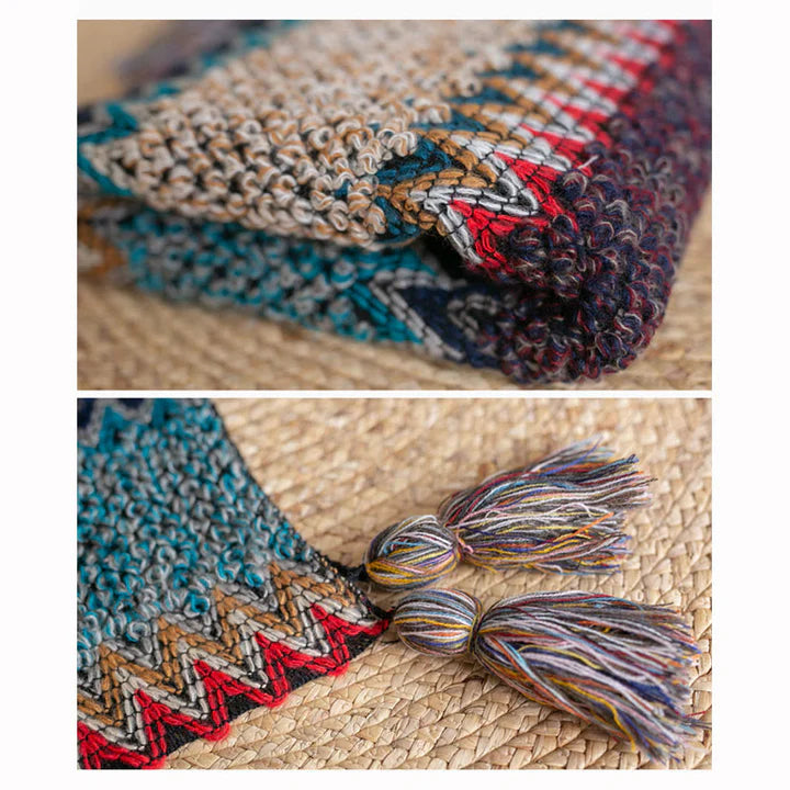 Châle Tibétain Motif Ondulé Bleu, Beige et Rouge – Écharpe Chaude à Franges d’Hiver