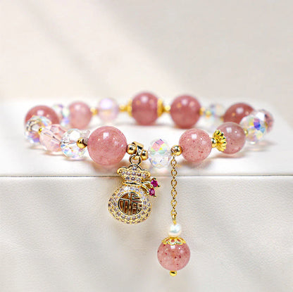 Bracelet Positif en Quartz Fraise Naturel — Charme Sac d’Argent, Amour & Guérison