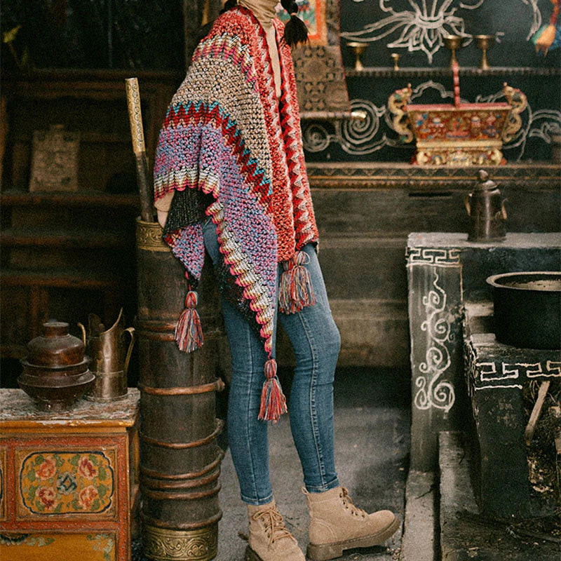 Châle Tibétain Tricoté Chaud avec Franges – Écharpe Châle Tibétaine