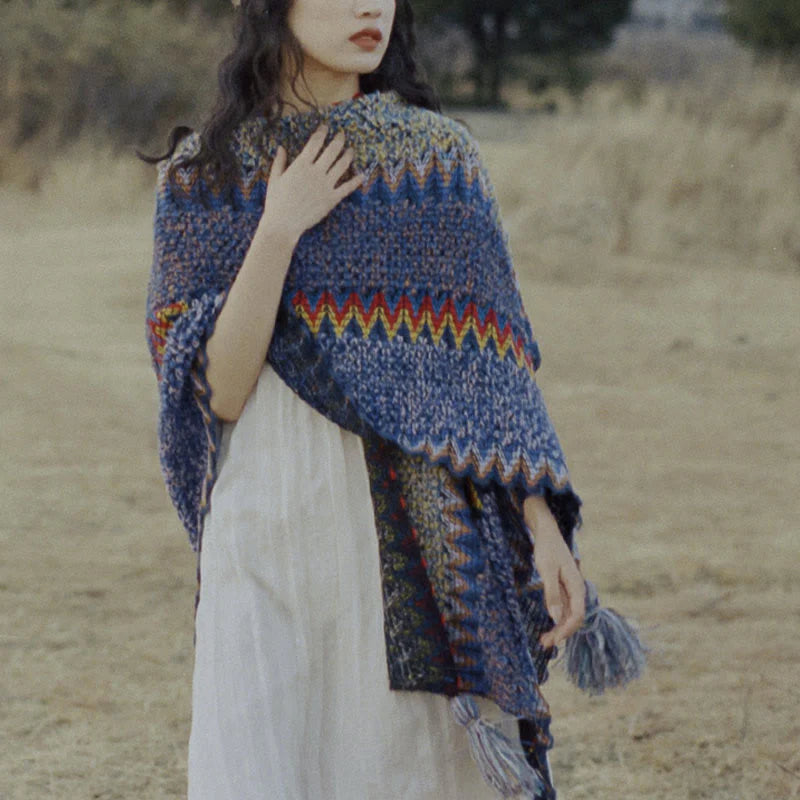 Châle Tibétain Tricoté Doux et Chaud avec Franges – Écharpe Manteau d’Hiver