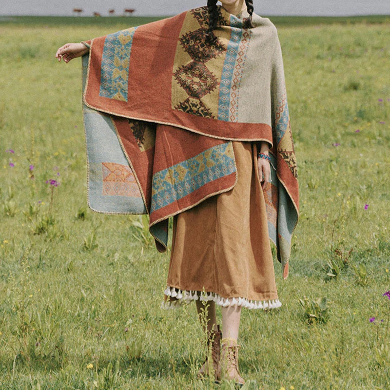 Châle Tibétain à Motif de Losanges – Écharpe Manteau Chaude d’Hiver