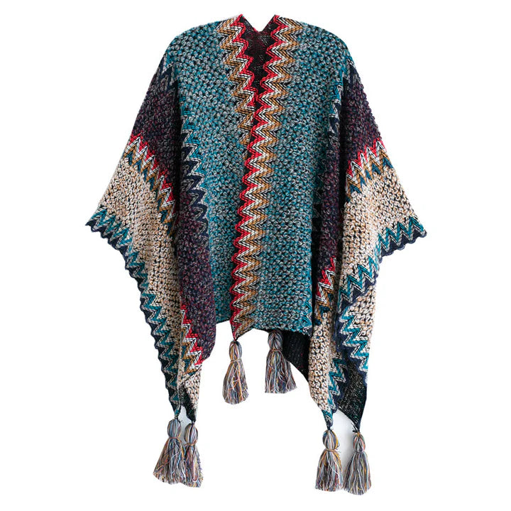 Châle Tibétain Motif Ondulé Bleu, Beige et Rouge – Écharpe Chaude à Franges d’Hiver