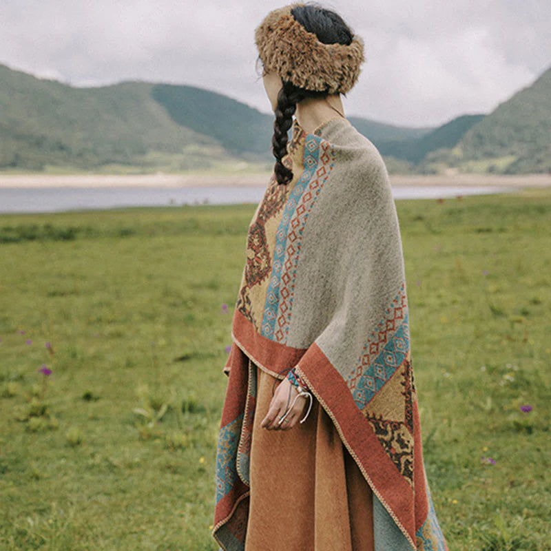 Châle Tibétain à Motif de Losanges – Écharpe Manteau Chaude d’Hiver