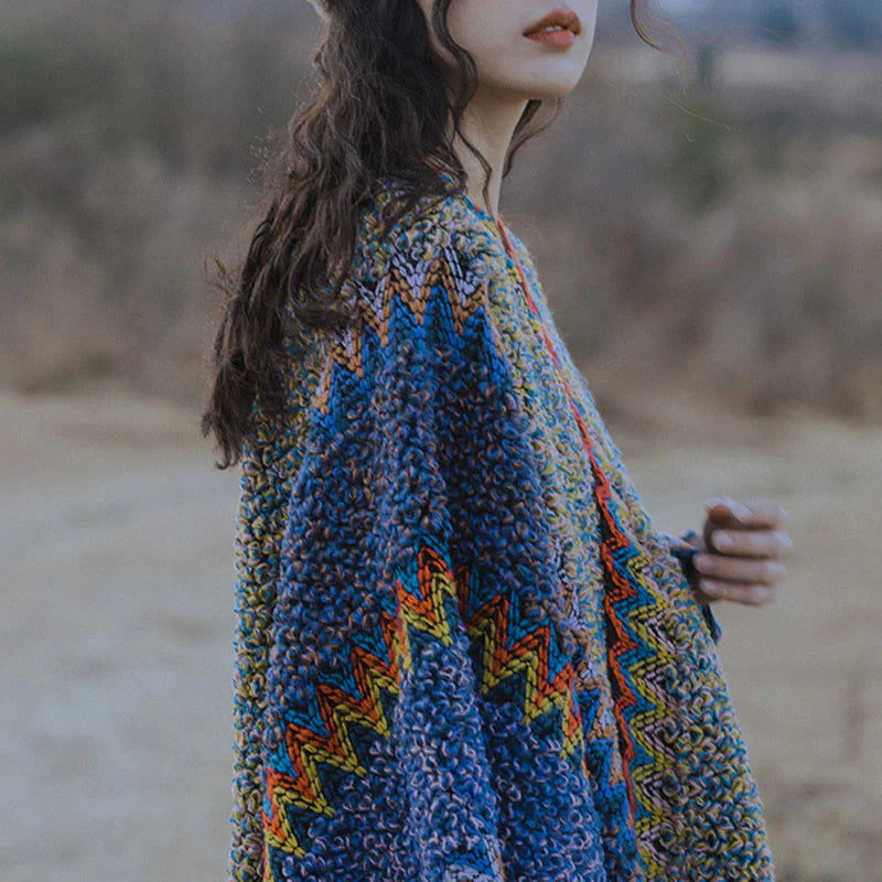 Châle Tibétain Tricoté Doux et Chaud avec Franges – Écharpe Manteau d’Hiver