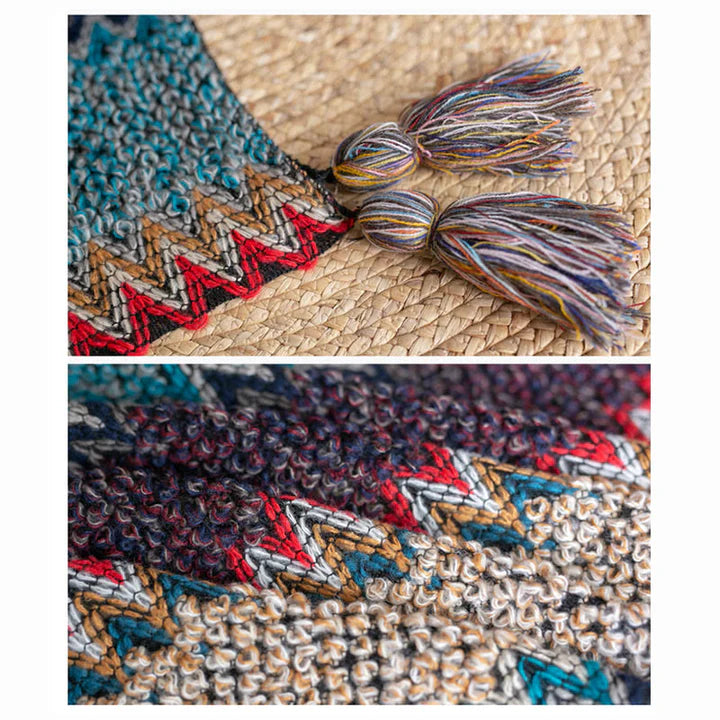 Châle Tibétain Motif Ondulé Bleu, Beige et Rouge – Écharpe Chaude à Franges d’Hiver