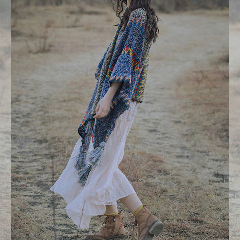 Châle Tibétain Tricoté Doux et Chaud avec Franges – Écharpe Manteau d’Hiver