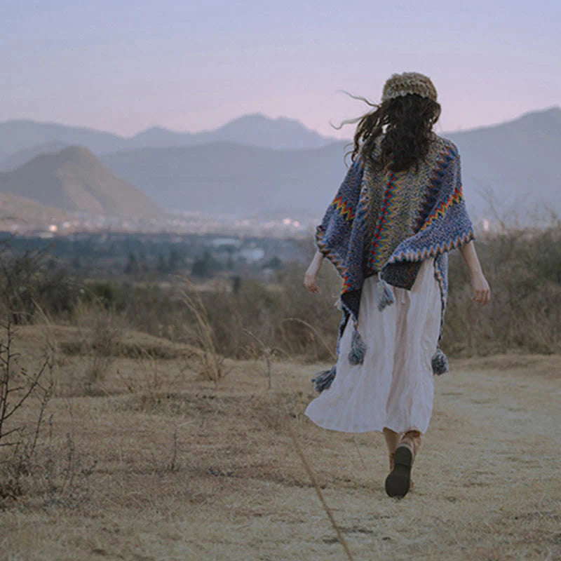Châle Tibétain Tricoté Doux et Chaud avec Franges – Écharpe Manteau d’Hiver