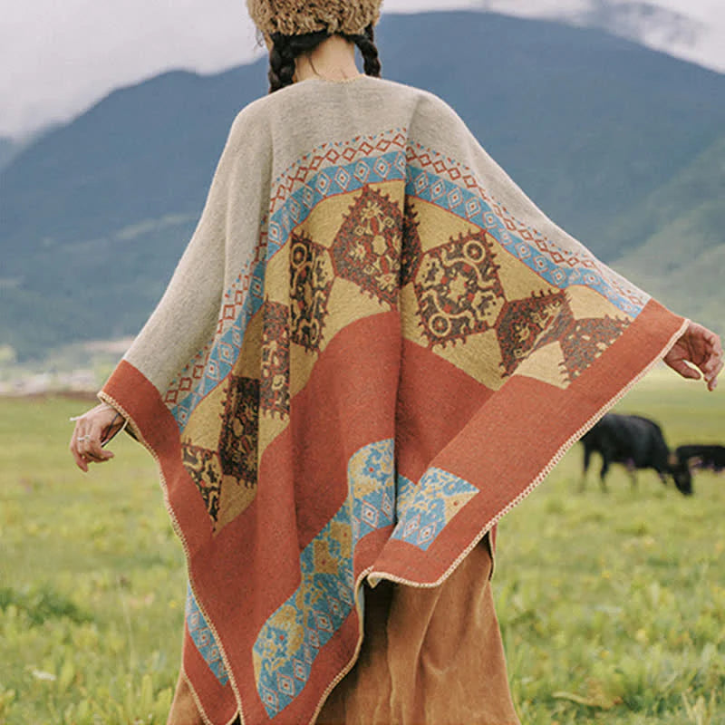 Châle Tibétain à Motif de Losanges – Écharpe Manteau Chaude d’Hiver