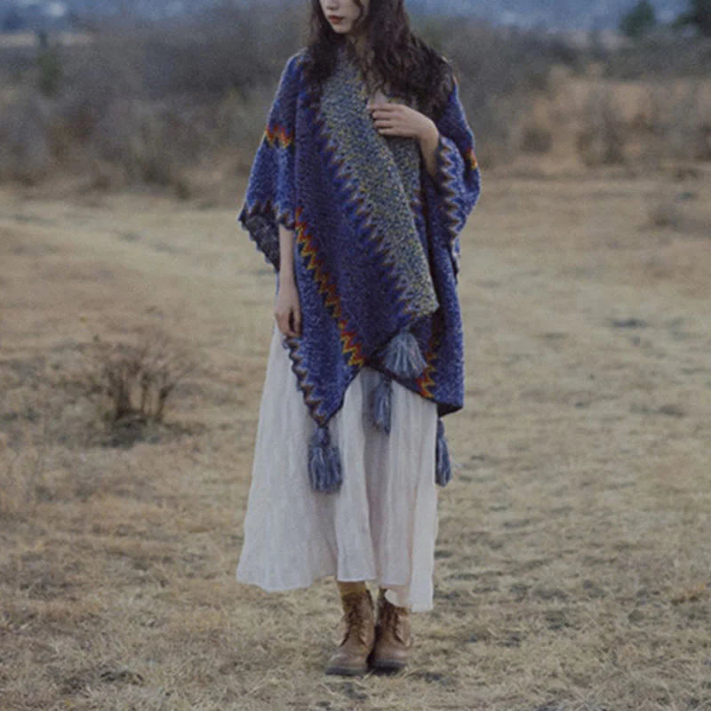 Châle Tibétain Tricoté Doux et Chaud avec Franges – Écharpe Manteau d’Hiver