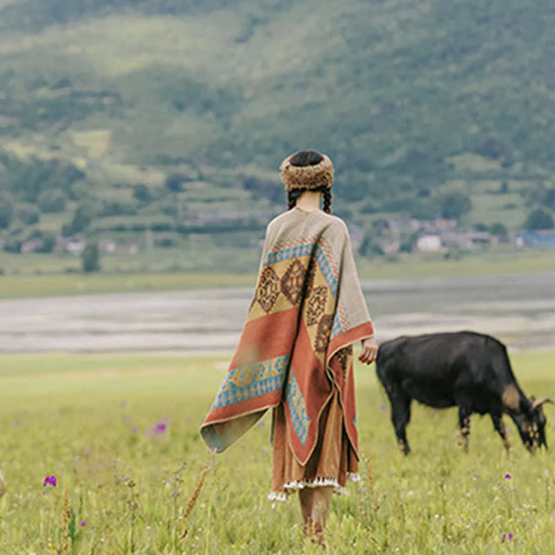 Châle Tibétain à Motif de Losanges – Écharpe Manteau Chaude d’Hiver